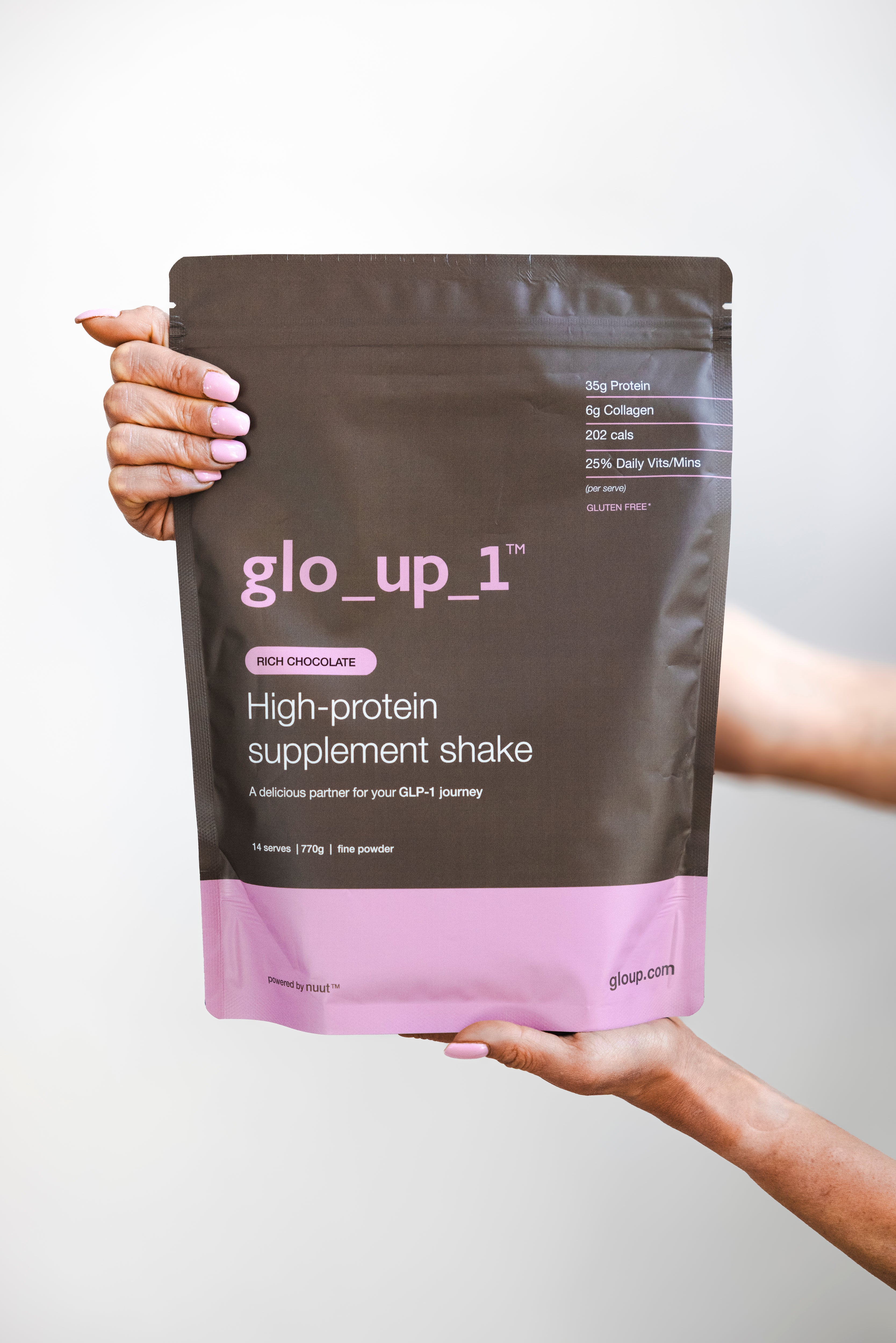 Packaging for glo_up_1, a high-protein supplement shake for GLP-1 users