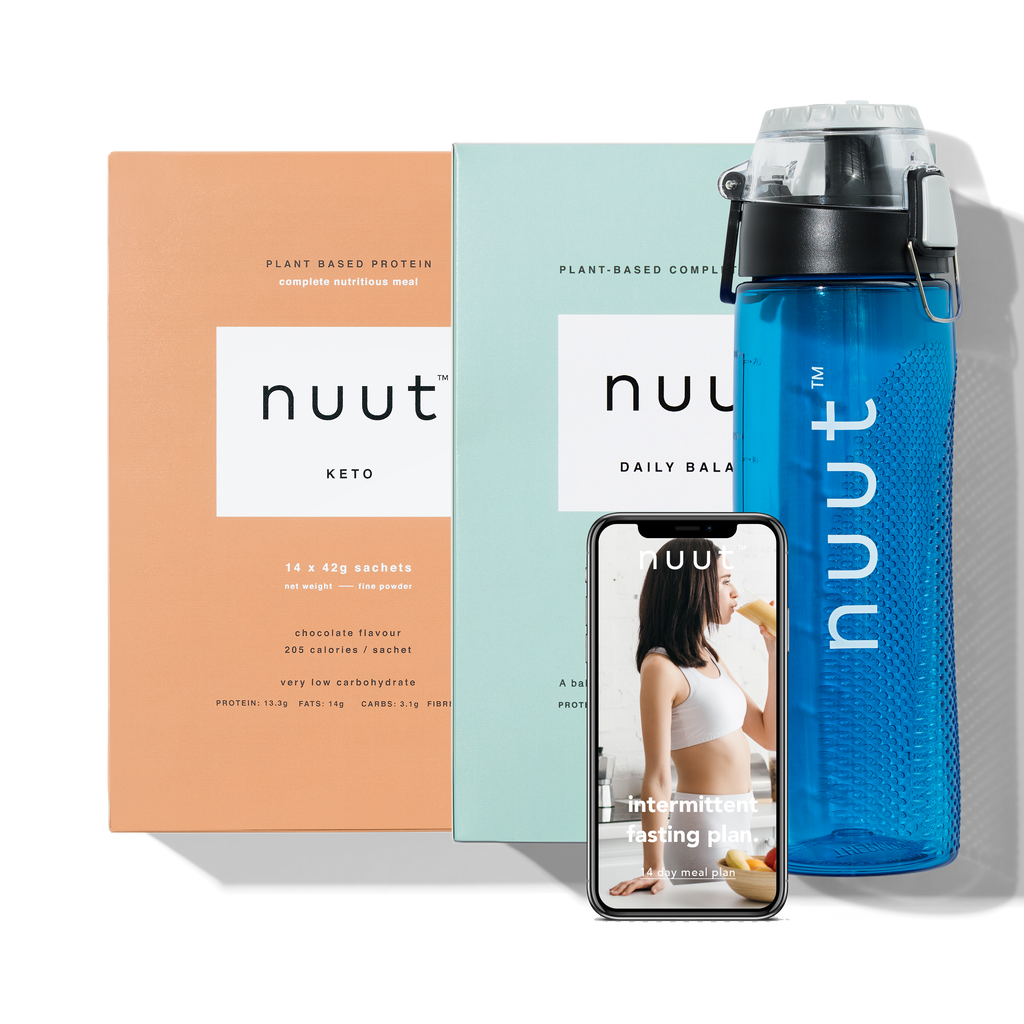 Packaging for 14-day intermittent fasting plan, with meal plan and thermos bottle